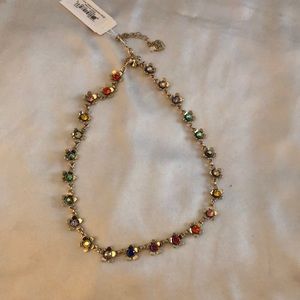 Betsey Johnson Gold Tone Flower Collar Necklace Rainbow Multi Colored Crystals